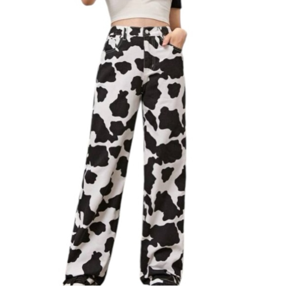 Holstein Cow Print High Waist Loose Grunge Streetwear Wide Leg Artsy Jeans